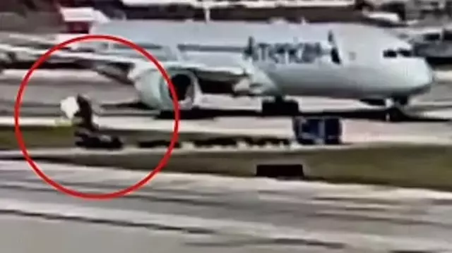 In the United States, the engine of a plane waiting on the tarmac swallowed and shredded a baggage cart.