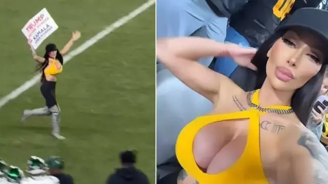 A Trump-supporting Instagram model entered the field during a football match in the USA.