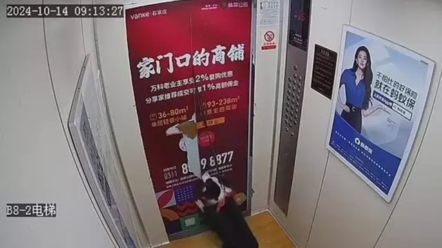 A dog in China was nearly suffocated after its leash got caught in an elevator door.