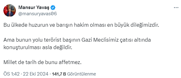 Mansur Yavaş's strong reaction to Bahçeli's call to Öcalan: Neither the nation nor history will forgive this