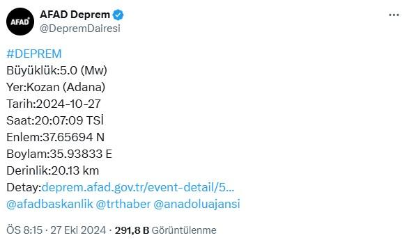 Earthquake of magnitude 5 in the Kozan district of Adana