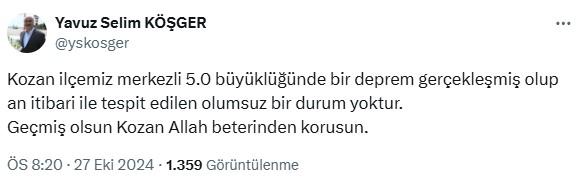 Adana'nın Kozan ilçesinde 5 büyüklüğünde deprem