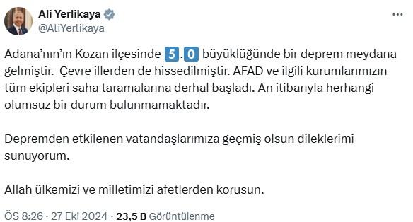 Adana'nın Kozan ilçesinde 5 büyüklüğünde deprem