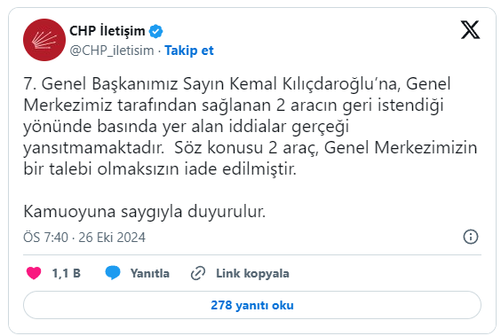 CHP denied the claim that 2 vehicles allocated to Kılıçdaroğlu were requested back