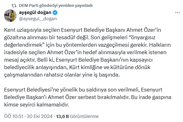 A statement regarding the arrest of Ahmet Özer also came from the DEM Party