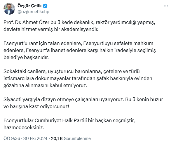 CHP lideri Özel'den Esenyurt Belediye Başkanı Özer'in gözaltına alınmasına ilk tepki