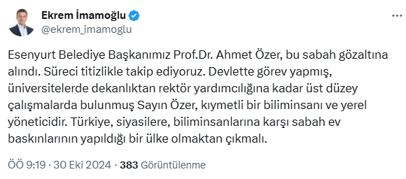 Esenyurt Belediye Başkanı Ahmet Özer terör soruşturması kapsamında gözaltına alındı