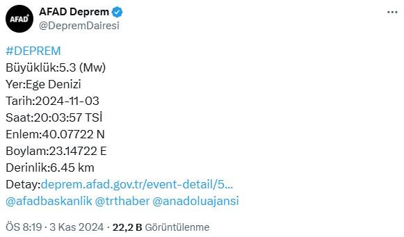 زلزال بقوة 5.3 درجات في بحر إيجة