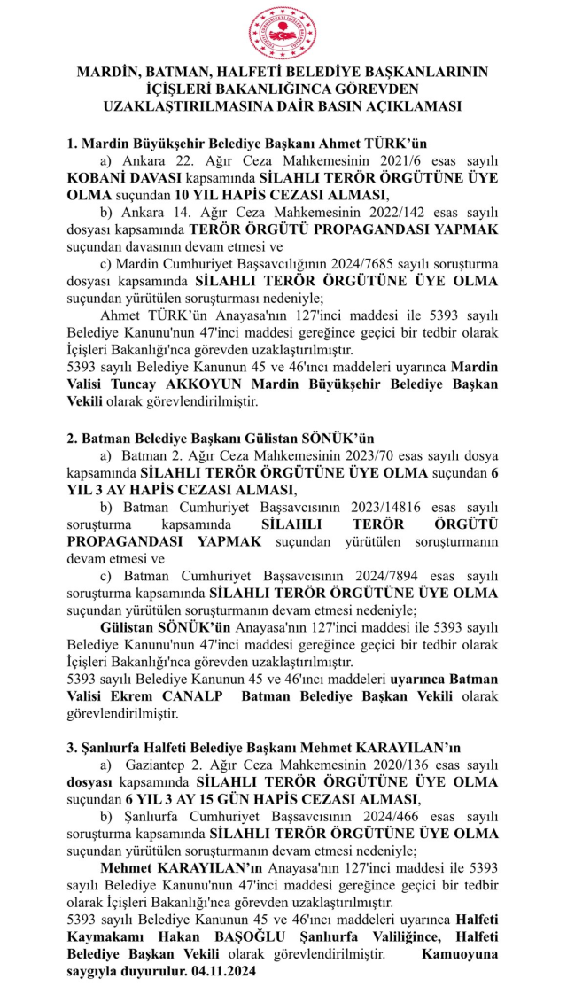 İçişleri Bakanlığı: Batman, Mardin ve Halfeti belediyelerine kayyum ataması yapıldı