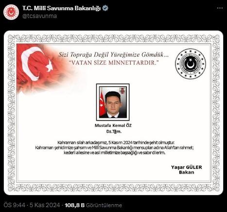 Acı haberi MSB duyurdu: Bir teğmen şehit oldu