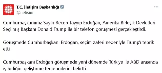 President Erdoğan congratulated Trump, who was elected president in the USA