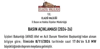 Elazığ'da 5.0 Büyüklüğünde Deprem, Hasar İhbari Yok