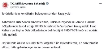 MSB'den Terörle Mücadele Açıklaması: 16 PKK/YPG'li Etkisiz Hale Getirildi