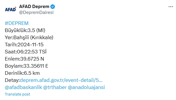 Son Dakika Kırıkkale'de deprem mi oldu? 15 Kasım Kırıkkale'de kaç şiddetinde deprem oldu?