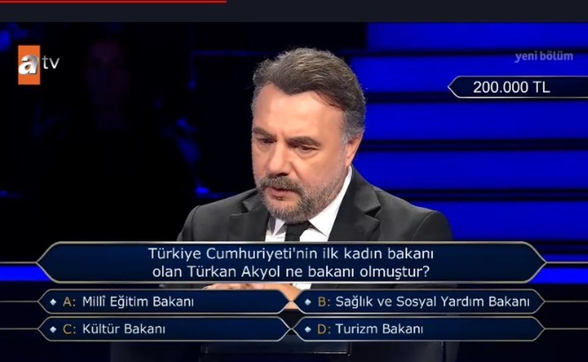Türkan Akyol ne bakanıydı? Türkiye Cumhuriyeti'nin ilk bakanı olan Türkan Akyol ne bakanı olmuştur? Kim Milyoner Olmak İster yeni bölüm cevapları!