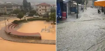 İzmir'de pazar yeri göle döndü, masa ve sandalyeler akıntıda sürüklendi