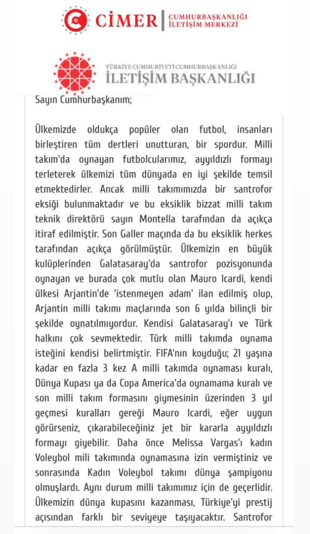 A Galatasaray fan wrote a petition to CİMER for Mauro Icardi