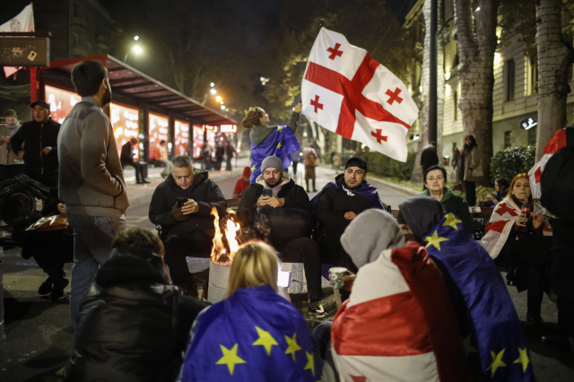 Police intervention against protesters blocking the road and setting up tents in Georgia