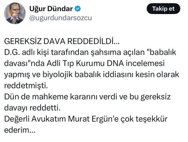 The court made its decision in the paternity case opened against Uğur Dündar