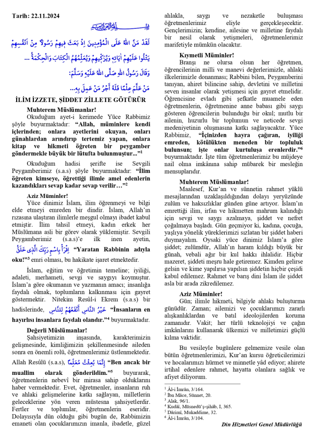 22 Kasım Cuma Hutbesi yayınlandı! 22 Kasım Cuma Hutbesi tam metni!