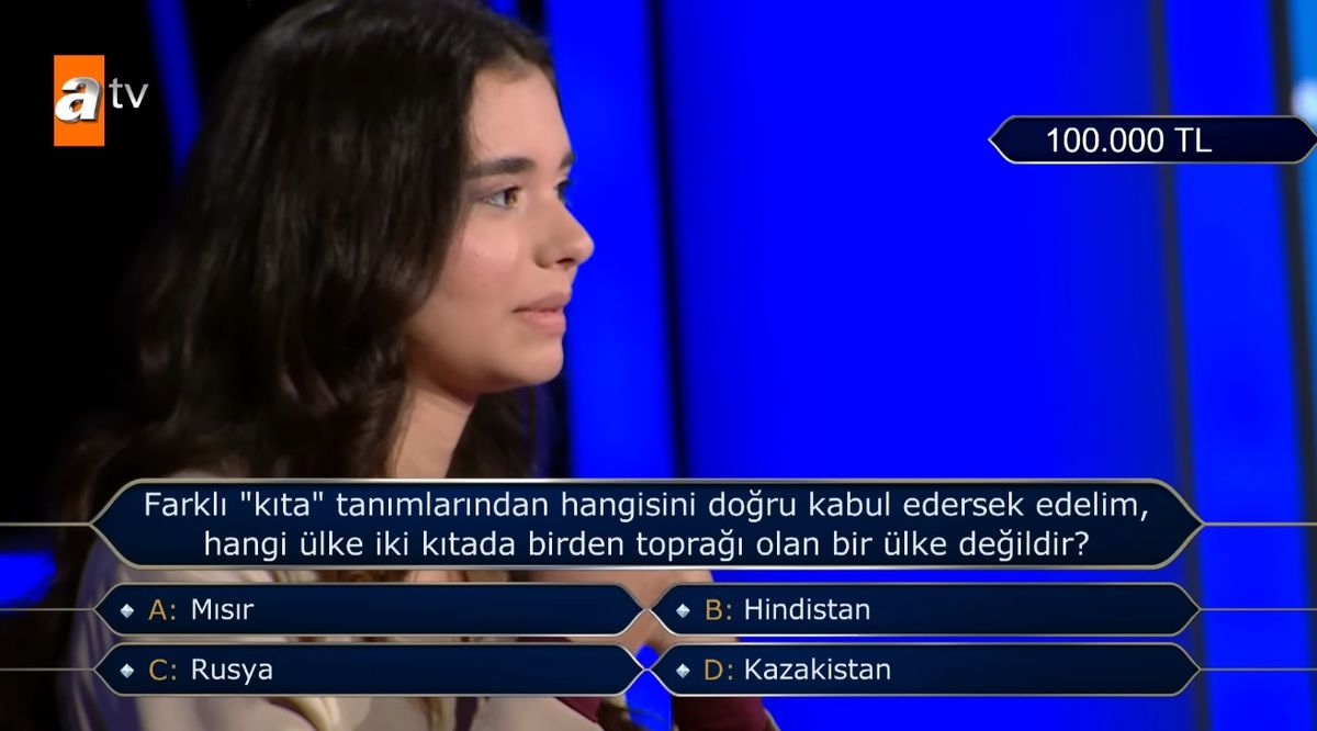 Farklı 'kıta' tanımlarından hangisini doğru kabul edersek edelim, hangi ülke iki kıtada birden toprağı olan bir ülke değildir? Mısır, Rusya, Hindistan