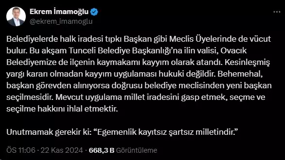 İmamoğlu'ndan kayyum tepkisi: Hukuki değil