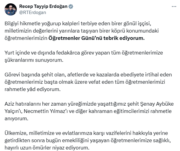 Message from President Erdoğan on Teachers' Day