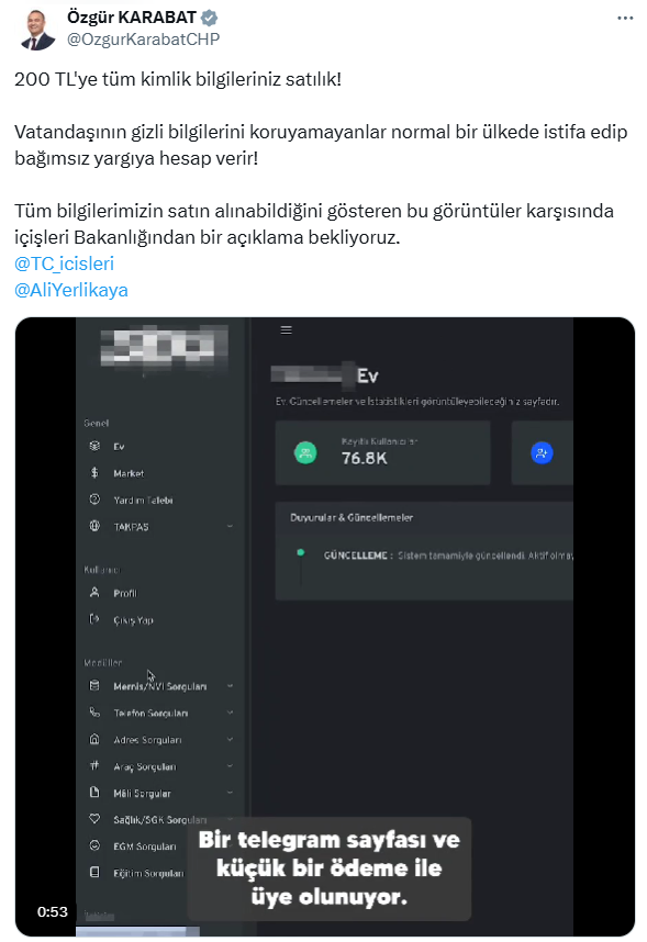 Claim by CHP member Karabat that will create an agenda: All your identity information is for sale for 200 TL