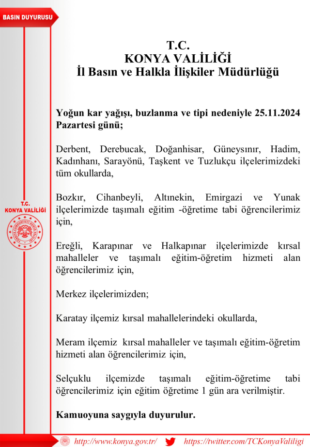 Konya okullar tatil mi? 26 Kasım Salı Konya'da okul yok mu (Valilik Açıklaması)?