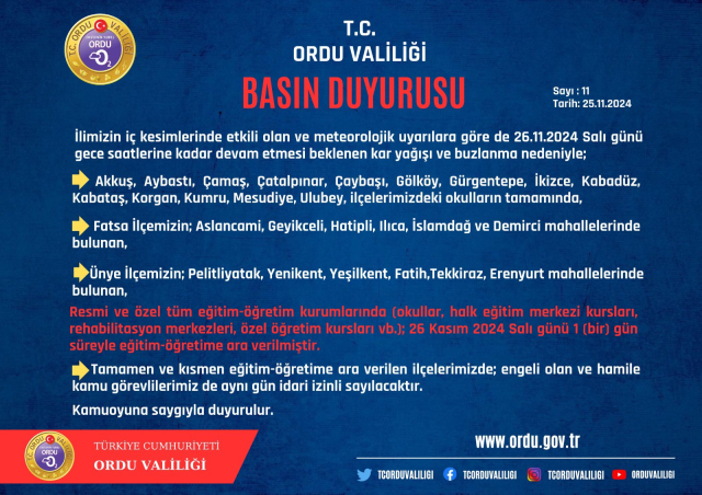 Ordu okullar tatil mi? 26 Kasım Salı Ordu'da okul yok mu (Valilik Açıklaması)?
