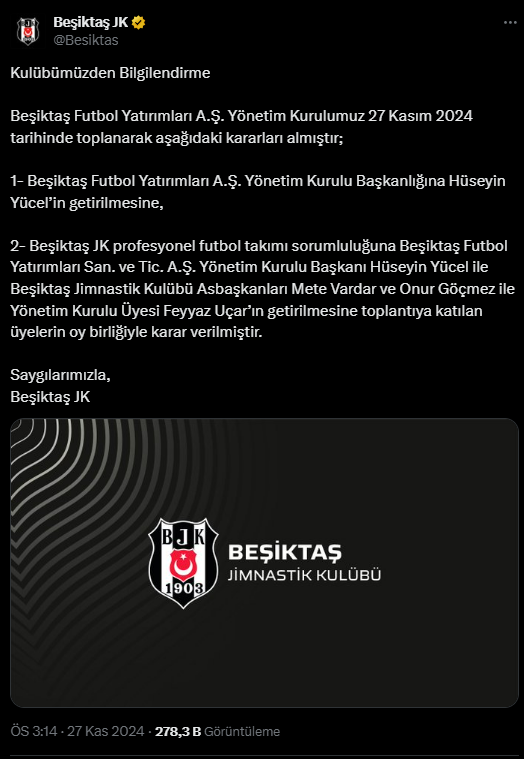 Beşiktaş Yönetim Kurulu Başkanı kim oldu?