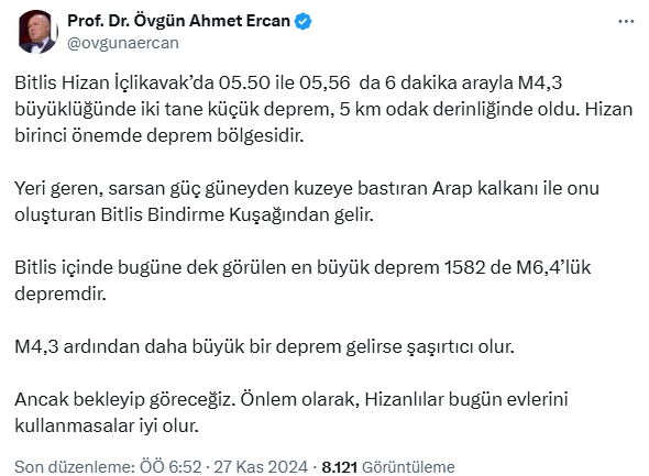 Earthquake expert Ahmet Ercan: It would be better for the people of Hizan not to use their homes today