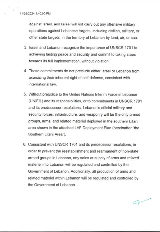 The full text of the ceasefire agreement reached between Lebanon and Israel has been obtained by AA