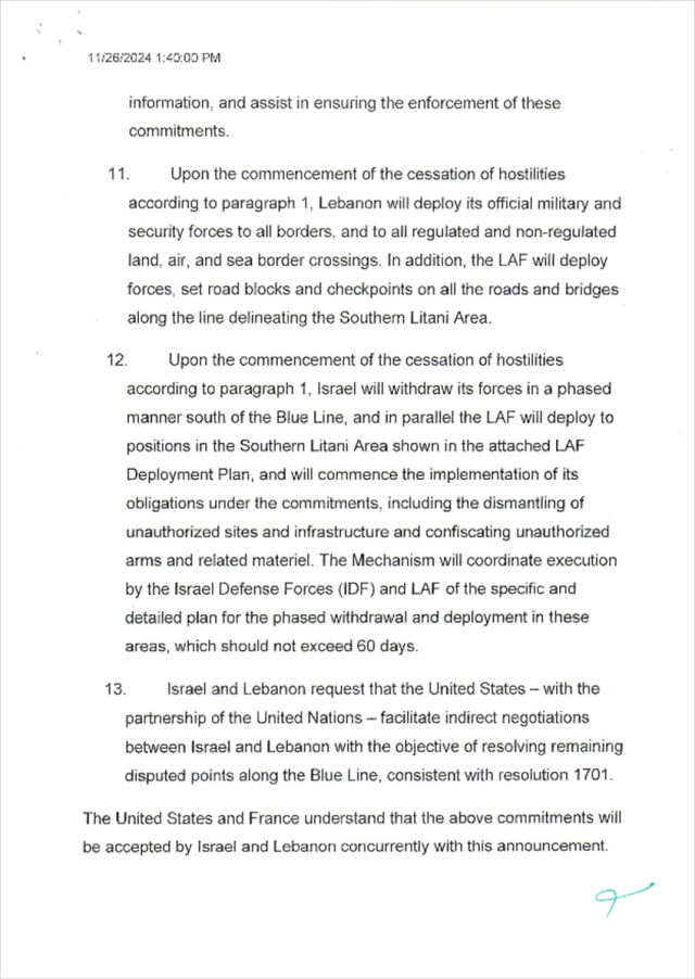 The full text of the ceasefire agreement reached between Lebanon and Israel has been obtained by AA