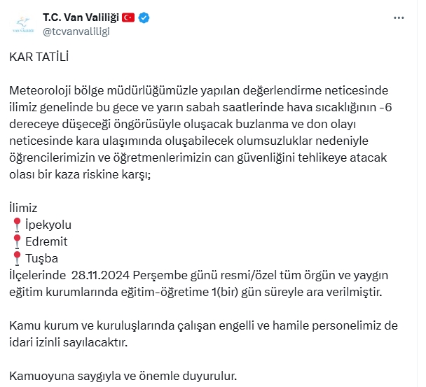Van okullar tatil mi? 28 Kasım Perşembe Van'da okul yok mu (Van Valiliği Açıklaması)?