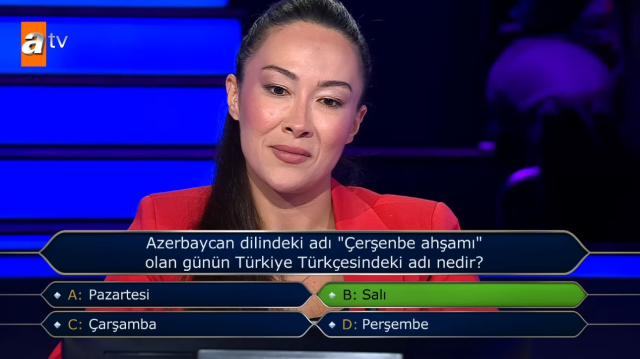 Azerbaycan dilindeki adı 'Çerşenbe ahşamı' olan günün Türkiye Türkçesindeki adı nedir? Kim Milyoner Olmak İster yeni bölüm soru ve cevapları! Azerbaycan dilindeki adı 'Çerşenbe ahşamı' olan günün Türkiye Türkçesindeki adı nedir? Kim Milyoner Olmak İster yeni bölüm soru ve cevapları!