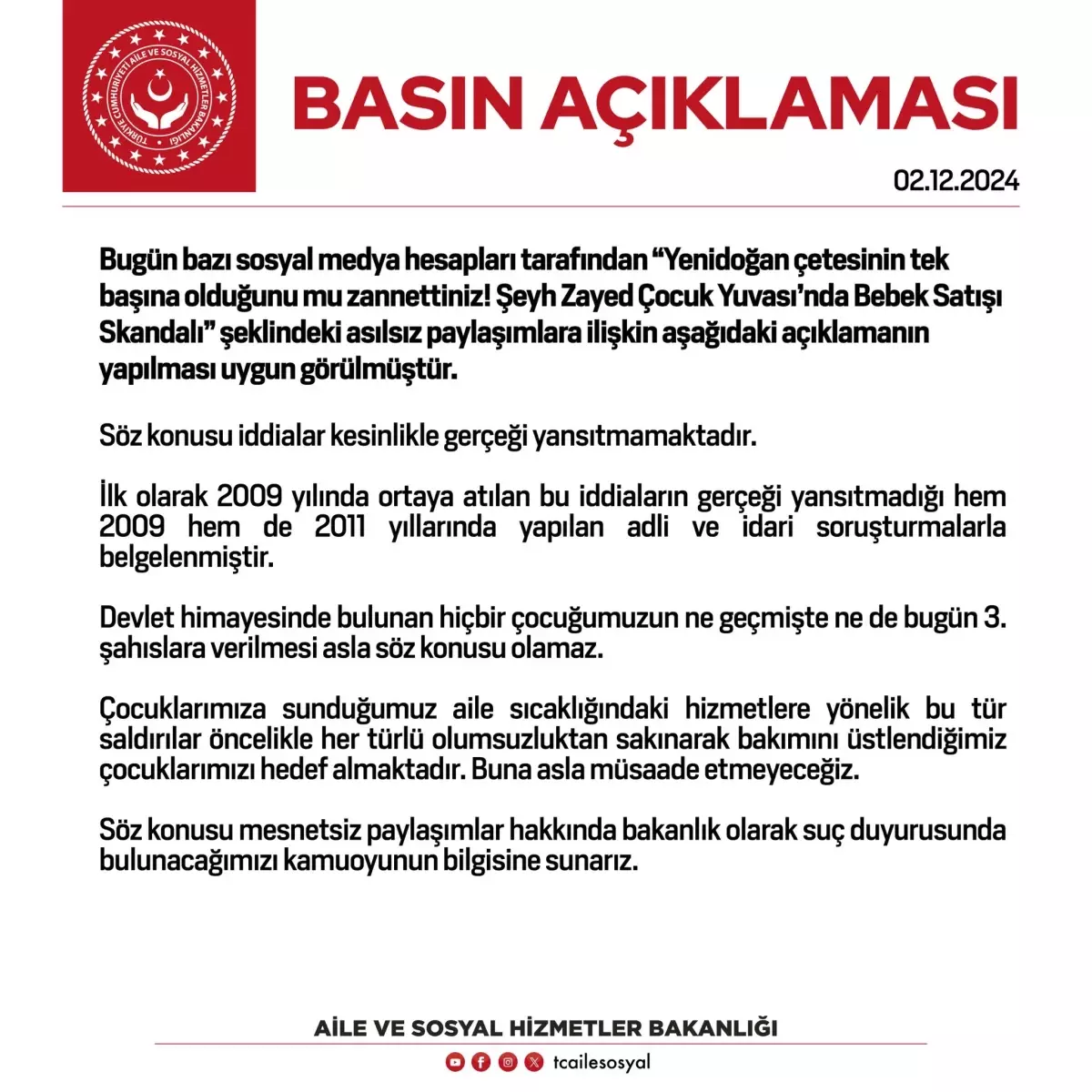 Bakanlık'tan Şeyh Zayed Çocuk Yuvası'nda bebek satışı iddialarına yanıt