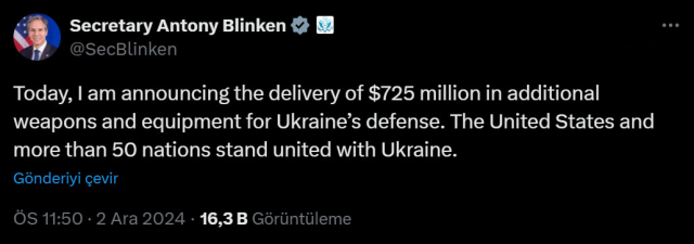 Additional $725 Million in Weapons and Equipment Support from the U.S. to Ukraine