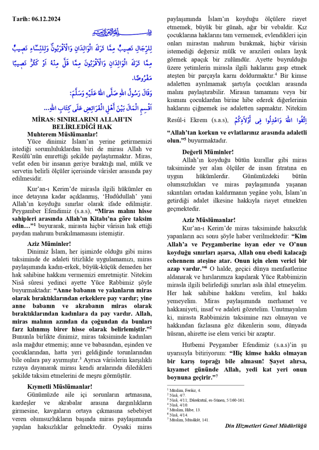 6 Aralık Cuma Hutbesi yayınlandı! 6 Aralık Cuma Hutbesi tam metni!