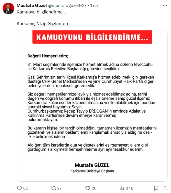 CHP'li Karkamış Belediye Başkanı Mustafa Güzel, AK Parti'ye geçeceğini duyurdu