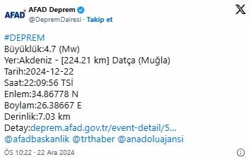 Earthquake with a magnitude of 4.7 off the coast of Datça