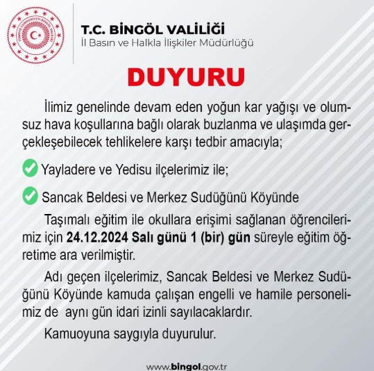 Bingöl okullar tatil mi? 24 Kasım Salı Bingöl'de okul yok mu (Valilik Açıklaması)?