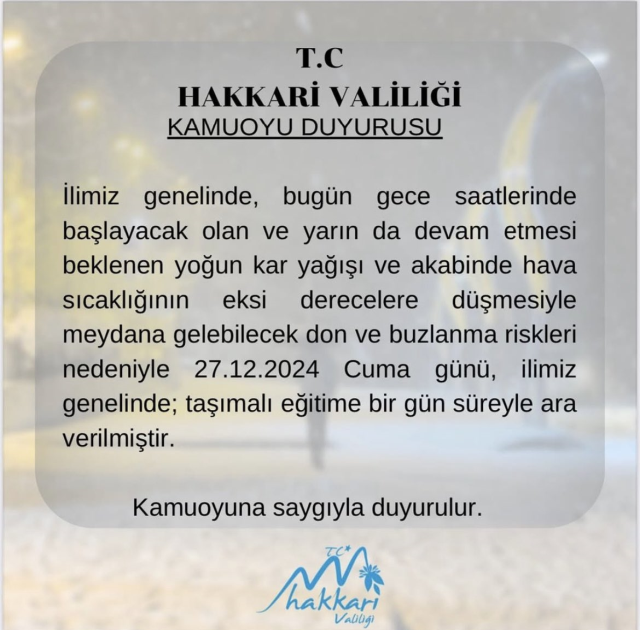 Hakkari okullar tatil mi 27 Aralık Cuma (Son Dakika Hakkari Valiliği)?
