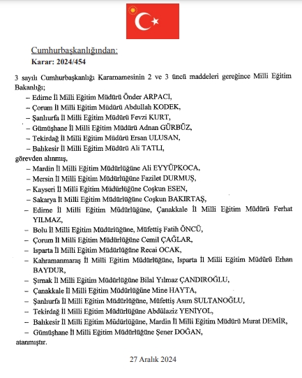İl Milli Eğitim Müdürü ATAMA KARARNAMESİ yayınlandı 28 Aralık Cumartesi (15 İL)!