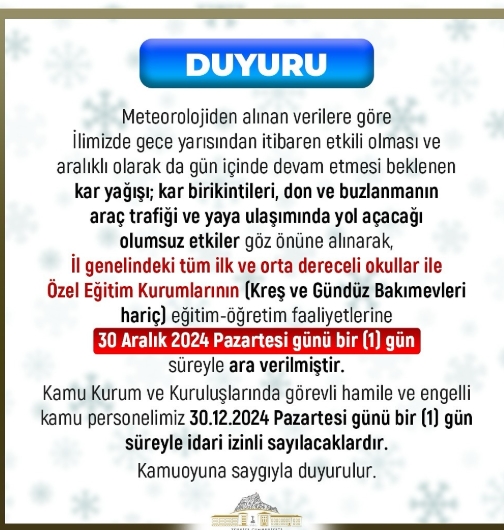 Afyon okullar tatil mi 30 Aralık Pazartesi (Son Dakika Afyon Valiliği)?