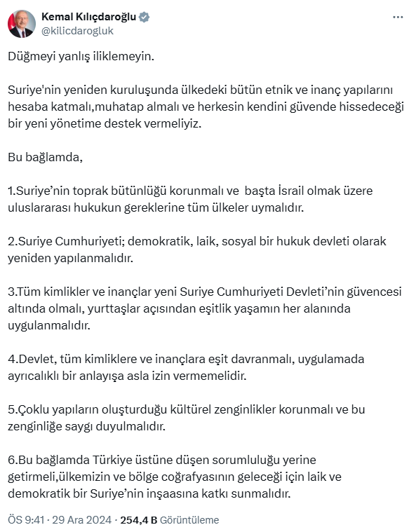 Kılıçdaroğlu's 6-point Syria manifesto to the government