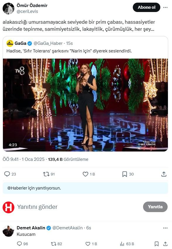 Demet Akalın's reaction to Hadise regarding 'Narin'