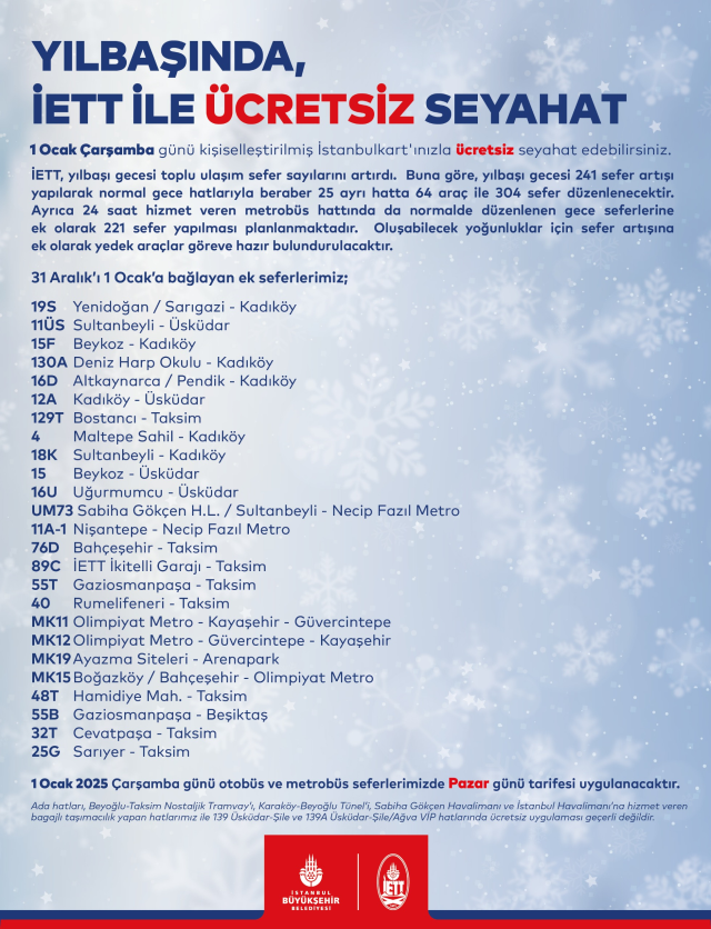 YILBAŞI 1 Ocak İstanbul ulaşım ücretsiz mi, metro, metrobüs, otobüs AKBİL bedava mı?