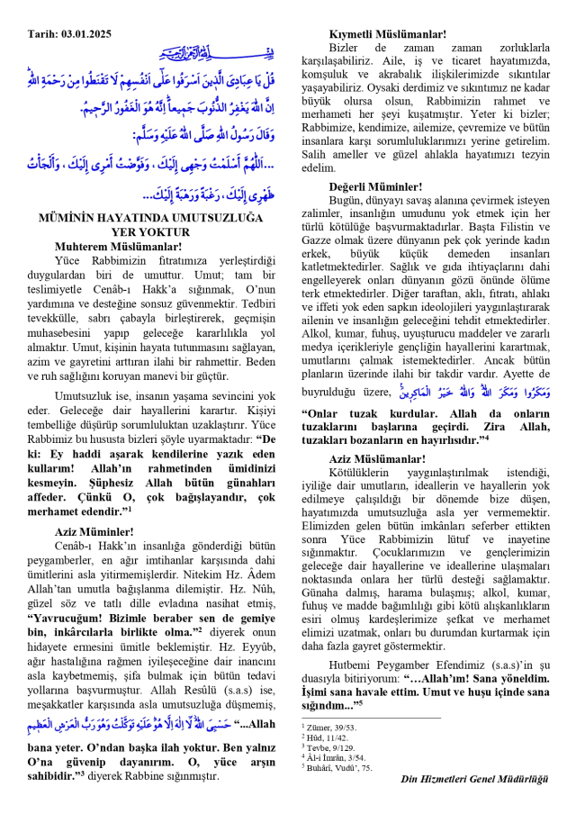 3 Ocak Cuma Hutbesi yayınlandı! 3 Ocak Cuma Hutbesi tam metni!