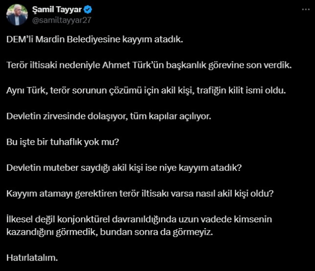 Question from AK Party member Şamil Tayyar about 'Ahmet Türk': Isn't there something strange about this?